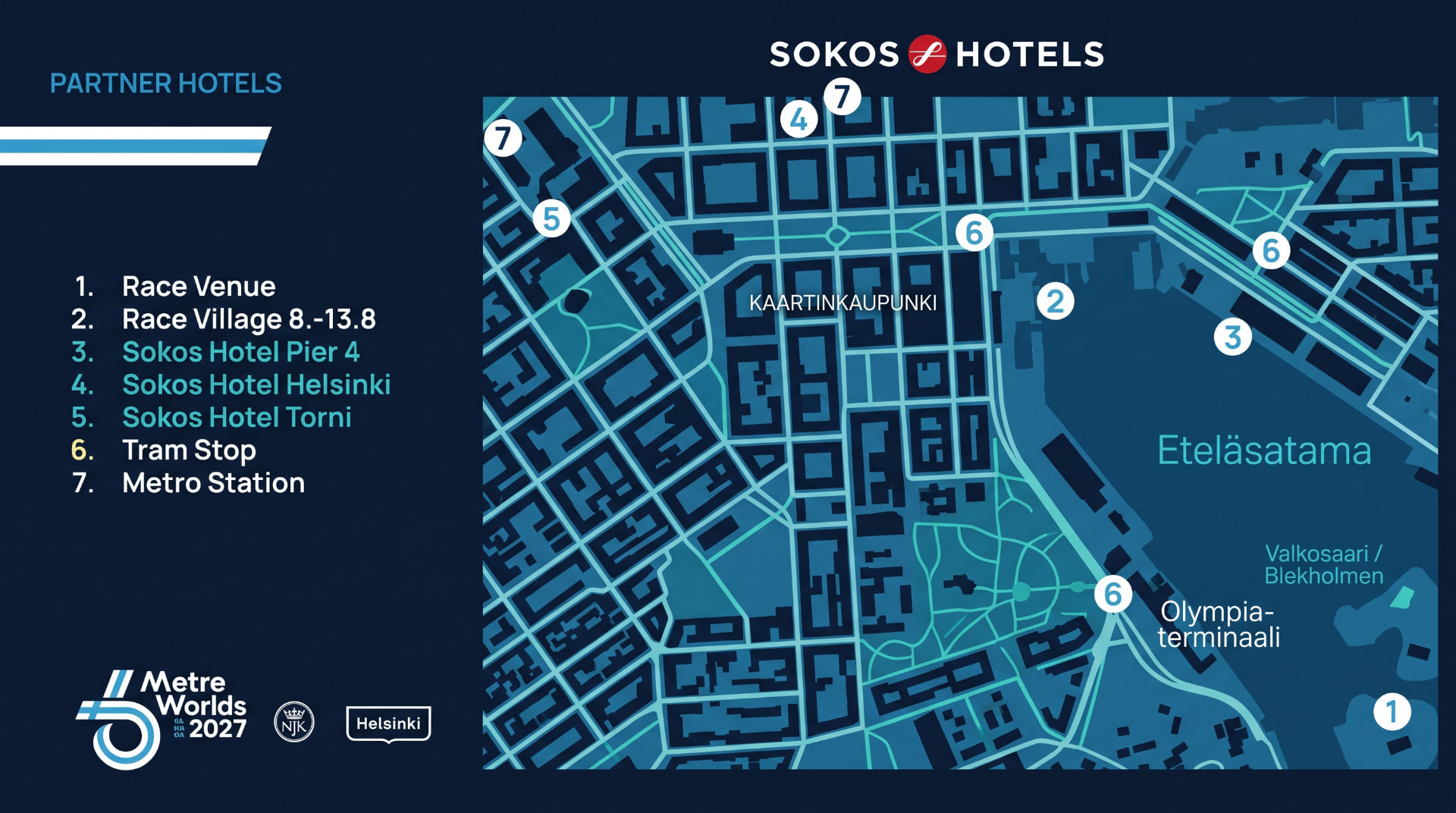 Map of Sokos partner hotels and shuttle route to the race venue