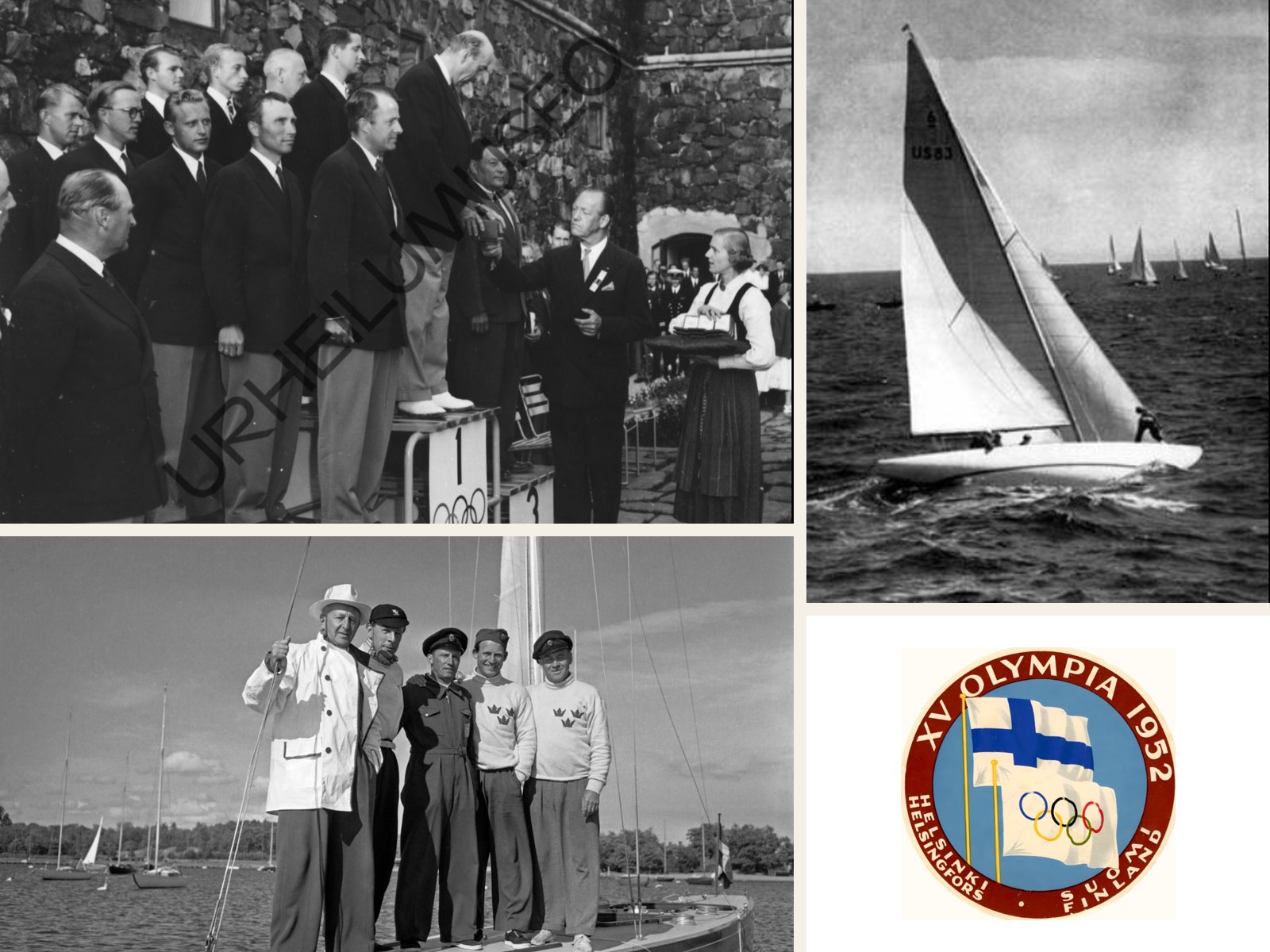 Helsinki 1952 Olympics — 6mR class: medal ceremony, racing yacht, crew and Olympic emblem